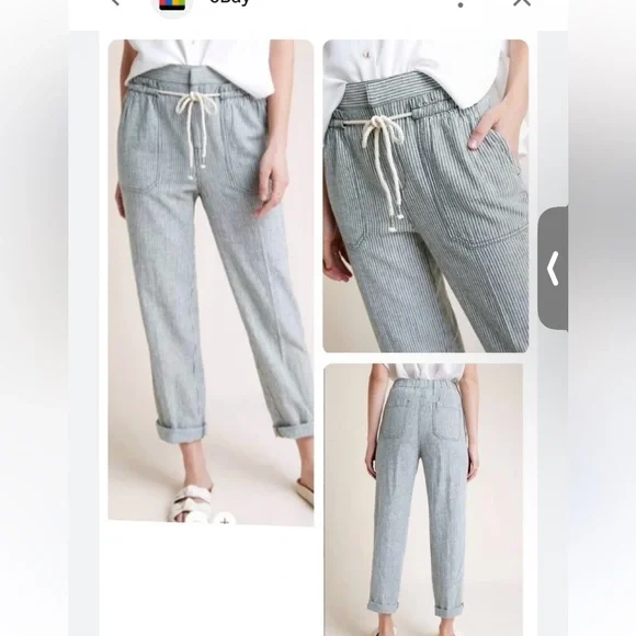 Anthropologie Seashore Linen Blend Pants Green/White - Picture 2 of 9